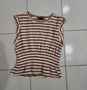 Veronica Beard White and Brown Striped Peplum Sleeveless Top